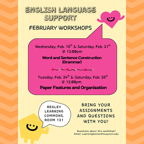 Graphic ad for English Language Support Workshops, full text available below.