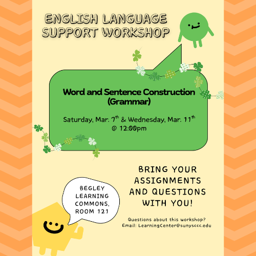 Graphic ad for English Language Support Workshops, full text available below.