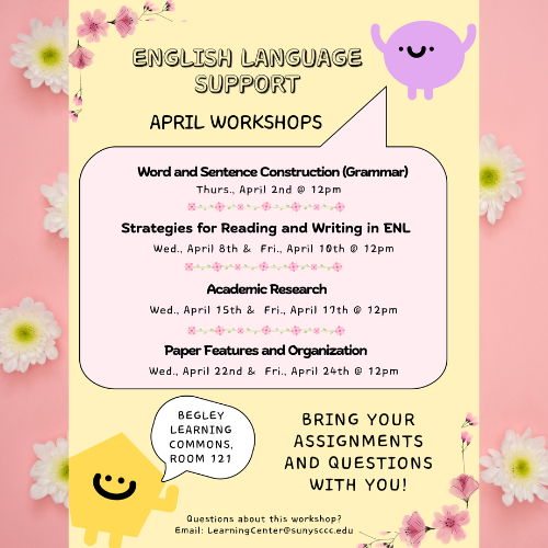 Ad for April ELL workshops, content follows. 