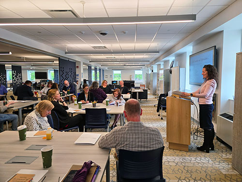 Professor Cayla Gaworecki presenting at the first annual Teaching & Learning Retreat, May 21, 2025.