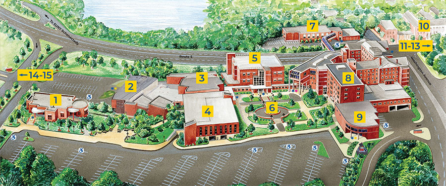 Illustrated map of Schenectady County Community College with building numbered.