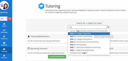 Tutoring screen showing an example of how to search for a course.