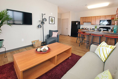 Interior of living space of a suite within College Suites at Washington Square.