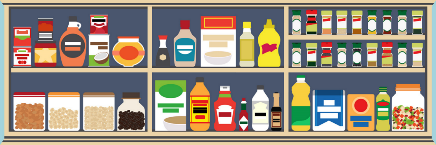 Illustration of shelves holding food products.