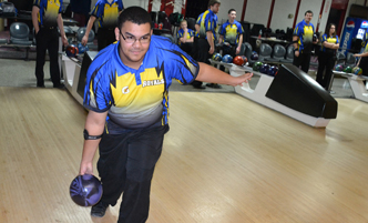 Student athlete bowling in a SUNY Schenectady jersey.
