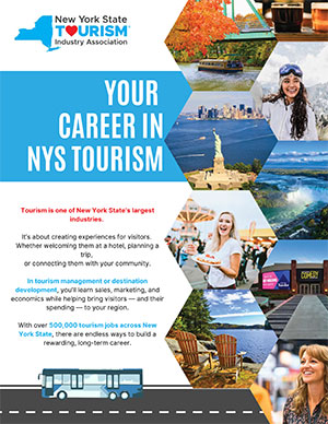 New York State Tourism flyer, links to a four page PDF about jobs in NY Tourism.