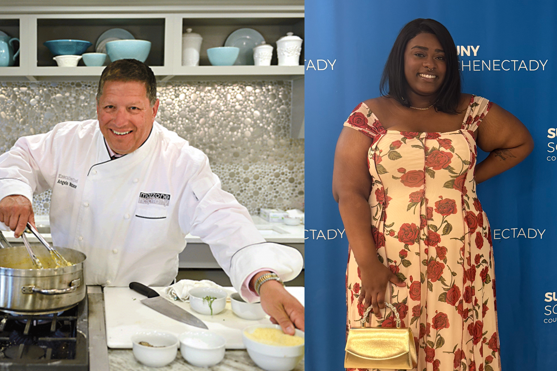 Headshots of Angelo Mazzone in chef's uniform, cooking, and Imani Romain-Barthley in floral dress, with College backdrop
